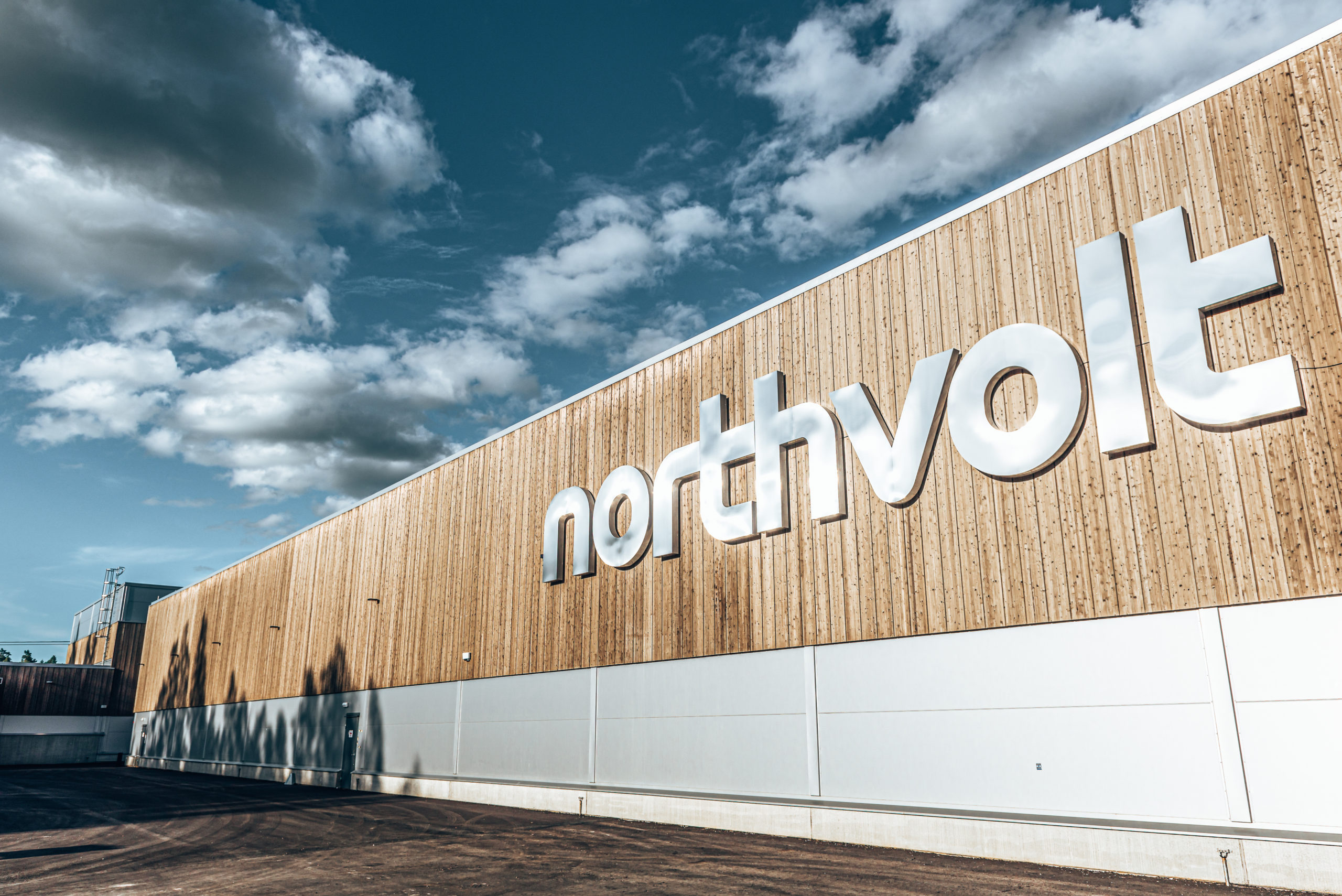 Northvolt sign on the west side of the building.